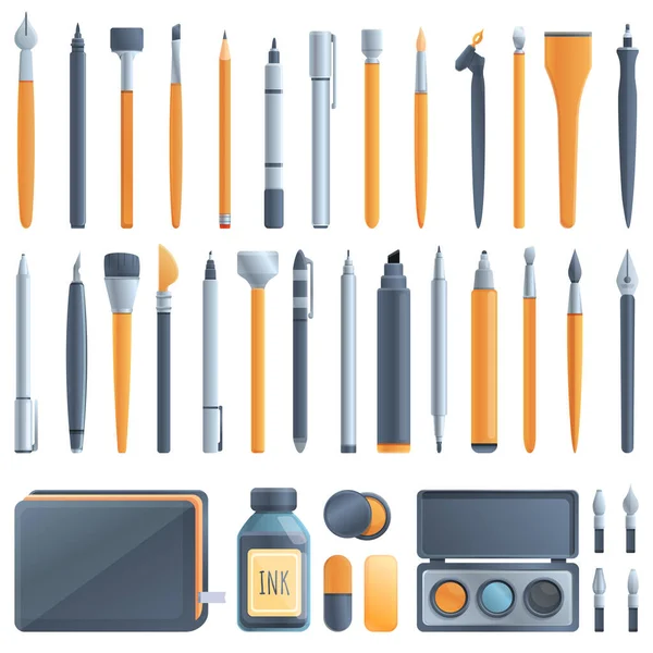 Calligraphie outils icônes ensemble, style dessin animé — Image vectorielle