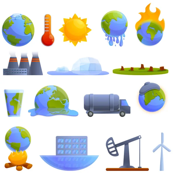 Globális felmelegedés ikonok készlet, rajzfilm stílus — Stock Vector