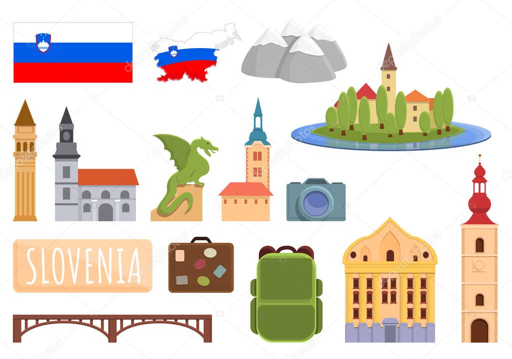 Slovenia icons set, cartoon style