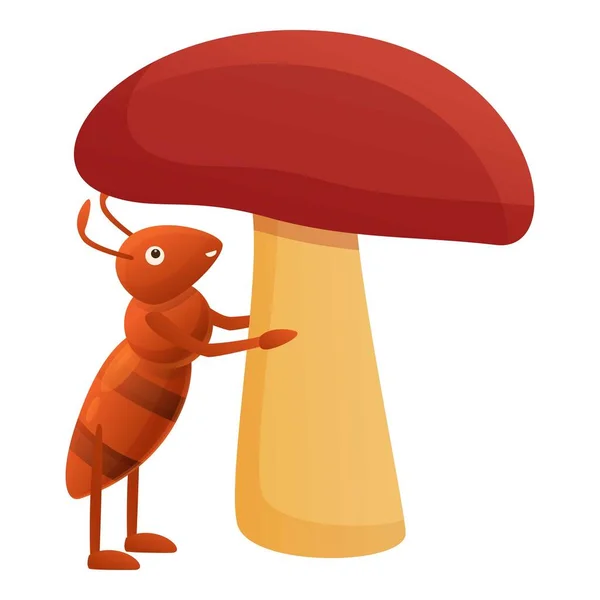 Hormiga bajo el icono de la seta, estilo de dibujos animados — Vector de stock