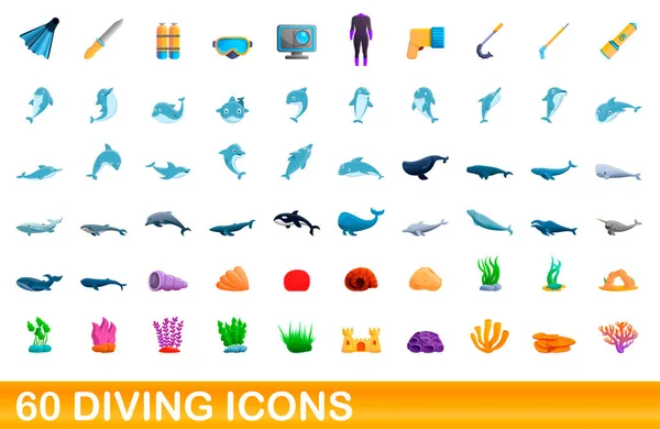60 conjunto de ícones de mergulho, estilo cartoon — Vetor de Stock