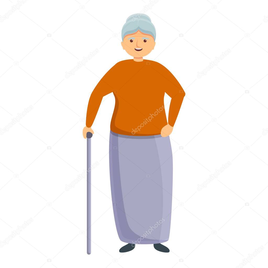 Smiling granny with walking stick icon, cartoon style