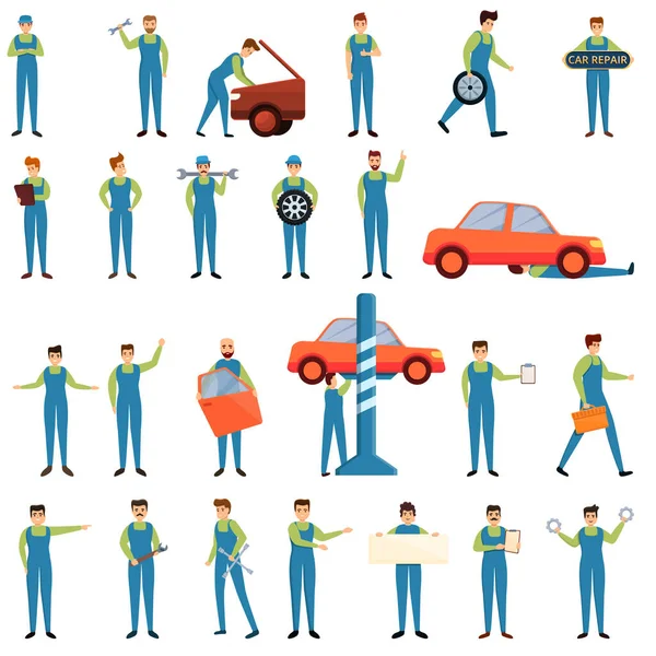 Conjunto de iconos mecánicos de coches, estilo de dibujos animados — Archivo Imágenes Vectoriales