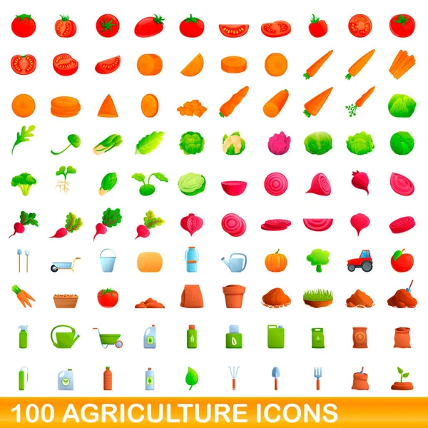 100 iconos de la agricultura conjunto, estilo de dibujos animados — Vector de stock