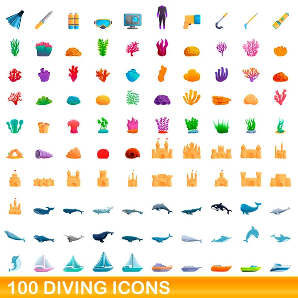 100 conjunto de ícones de mergulho, estilo cartoon — Vetor de Stock