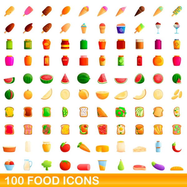 100 iconos de comida, estilo de dibujos animados — Vector de stock