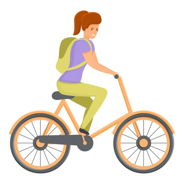 Chica paseo escuela bici icono, estilo de dibujos animados — Vector de stock