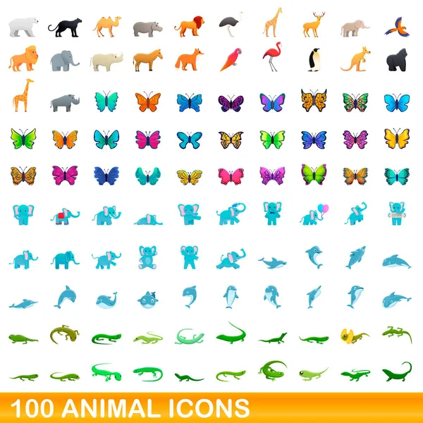 Набор из 100 икон животных, стиль мультфильма — стоковый вектор