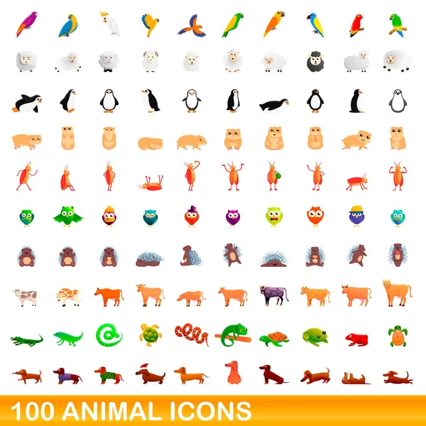 100 εικονίδια ζώων που, στυλ κινουμένων σχεδίων — Διανυσματικό Αρχείο