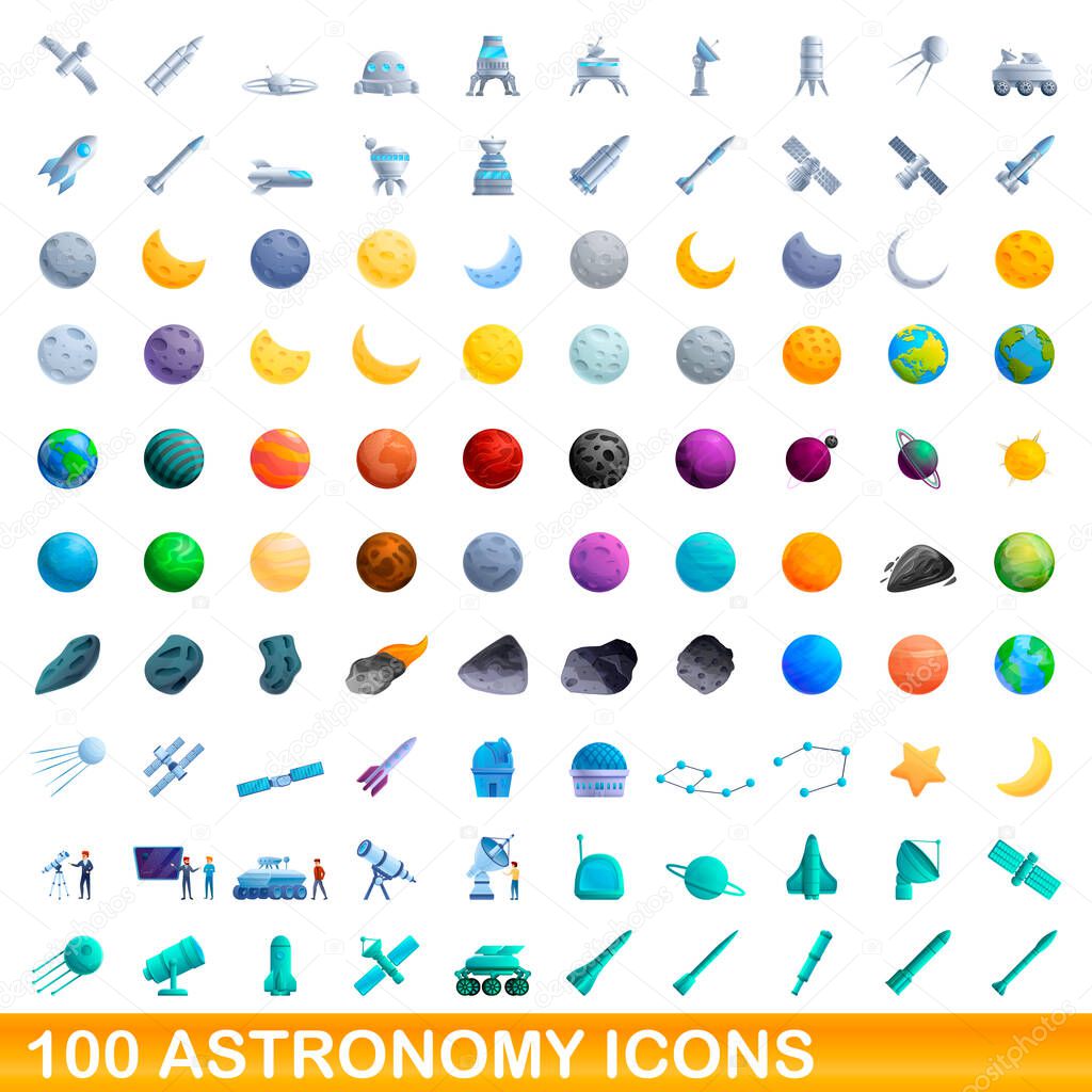 100 astronomy icons set, cartoon style