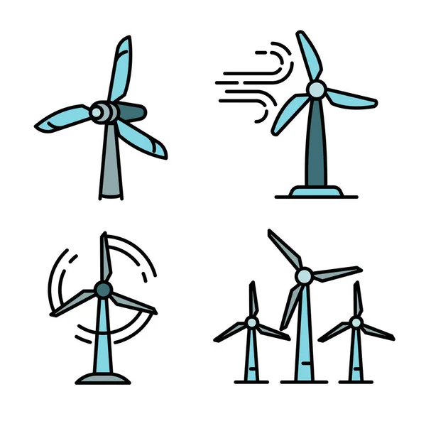 Windturbine pictogrammen set, omtrek stijl — Stockvector