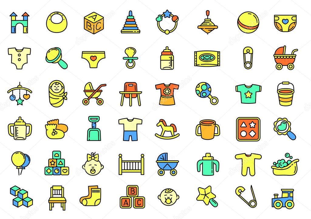 Baby items icons set, outline style