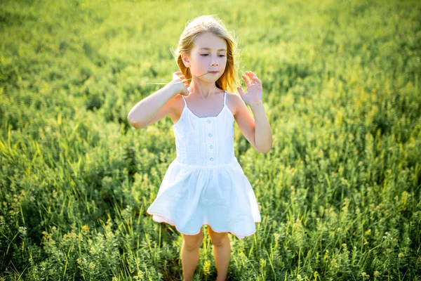 Adorable Niño Pequeño Vestido Blanco Posando Campo Verde — Foto de Stock