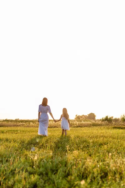 Rear View Mother Daughter Holding Hands Walking Green Meadow Sunset — Stock Photo, Image