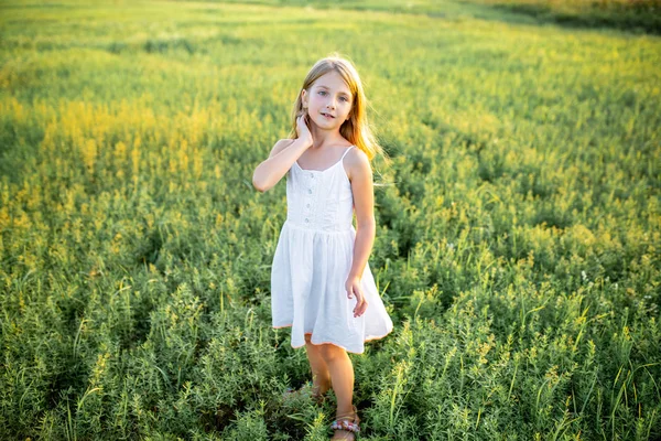 Lindo niño pequeño en vestido blanco posando en el campo y mirando a la cámara - foto de stock