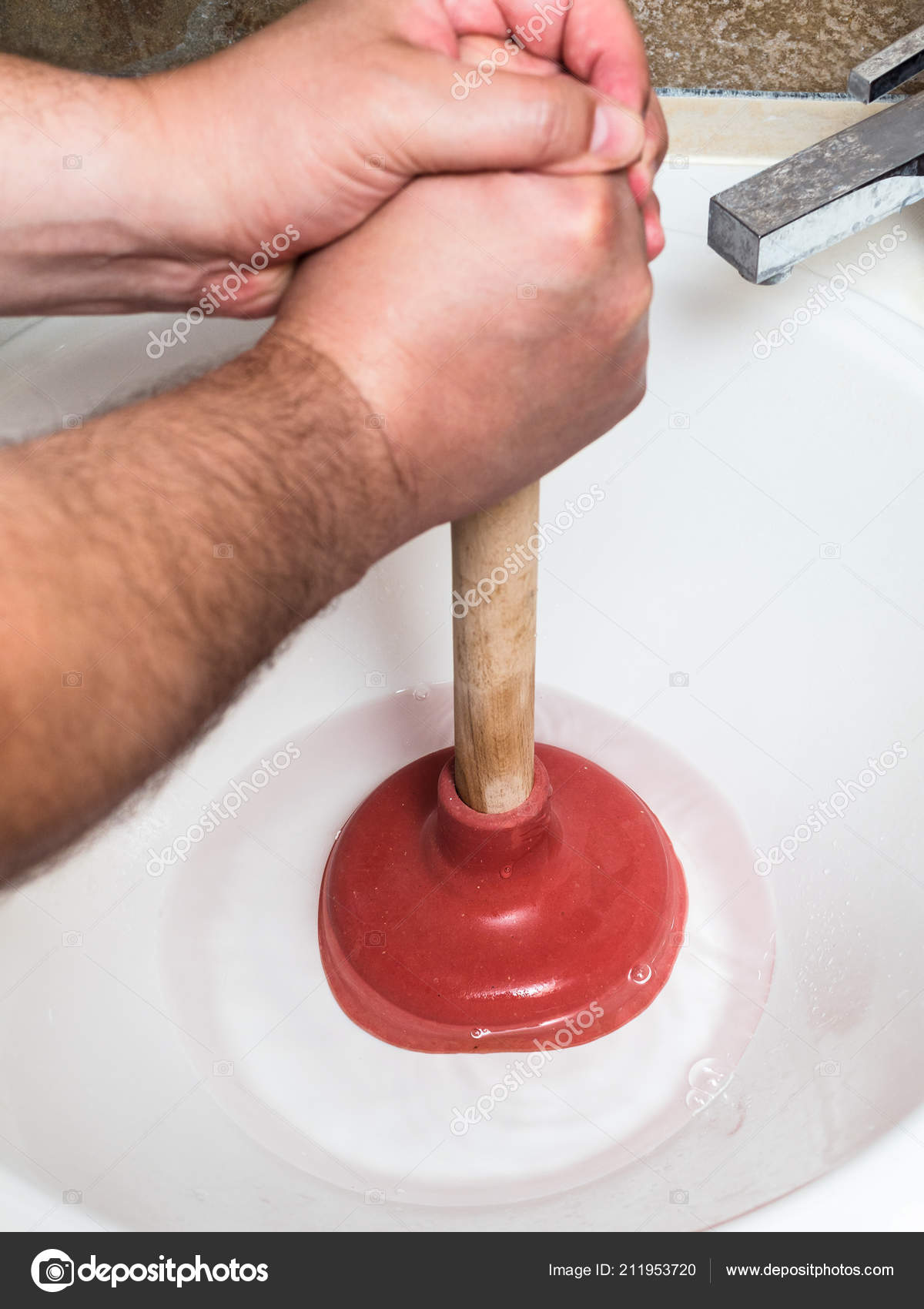 Man Clears Water Blockage Sink Drain Plunger Stock Photo