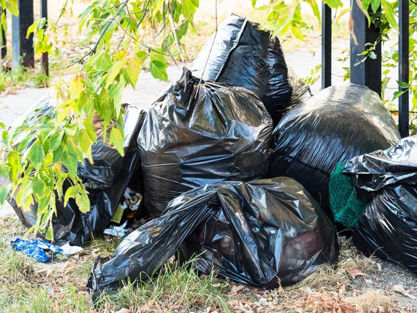 pile of black trash bags with garbage outdoors in city garden in autumn day