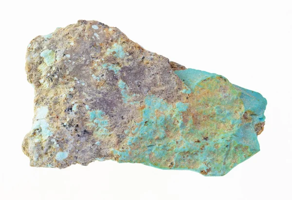 macro photography of natural mineral from geological collection - piece of rough turquoise stone on white background