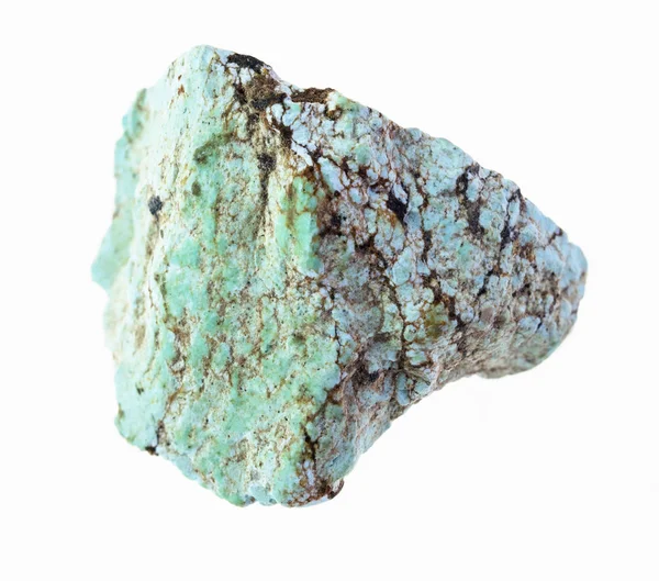 macro photography of natural mineral from geological collection - rough turquoise gemstone on white background