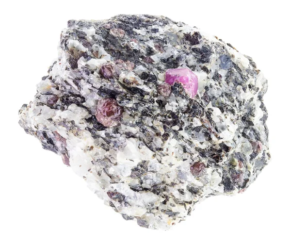 macro photography of natural mineral from geological collection - Corundum and Ruby crystals in raw gneiss stone on white background