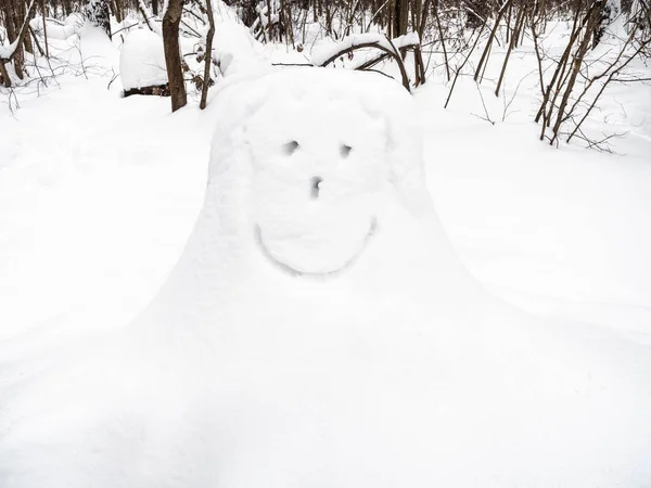 smiling face on snow-covered stump in city park in winter day
