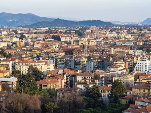 above view of Lower Town of Bergamo with Alps