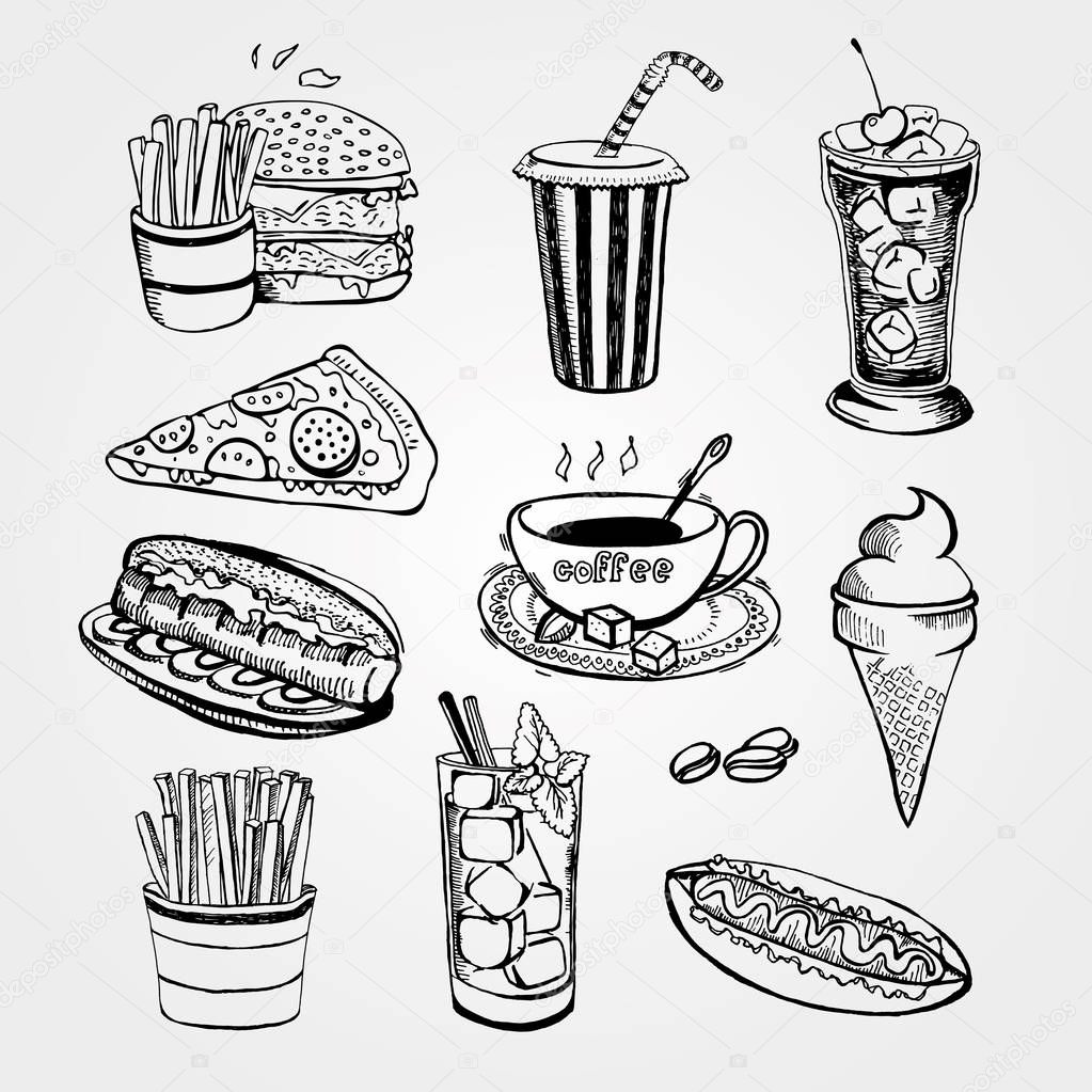 Set of  handrawn fastfood illustrations on white background