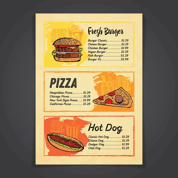 Design der Fastfood-Speisekarte mit handgemalten Illustrationen — Stockvektor