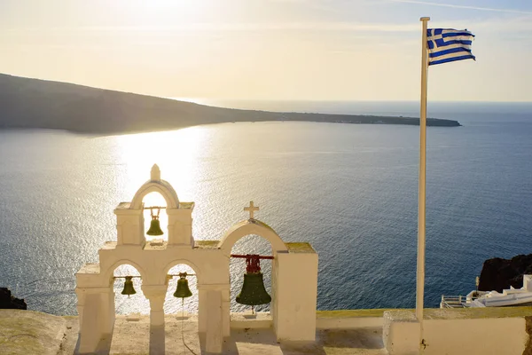 Bell Tower National Flag Greece Sunset Light Oia Santorini Greece — Stock Photo, Image