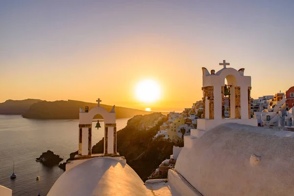 Bell Tower Warm Sunset Light Oia Santorini Greece — Stock Photo, Image