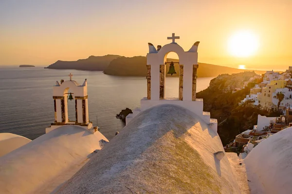 Bell Tower Warm Sunset Light Oia Santorini Greece — Stock Photo, Image