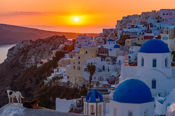 Blue Domed Churches Traditional White Houses Facing Aegean Sea Warm — Stock Photo, Image