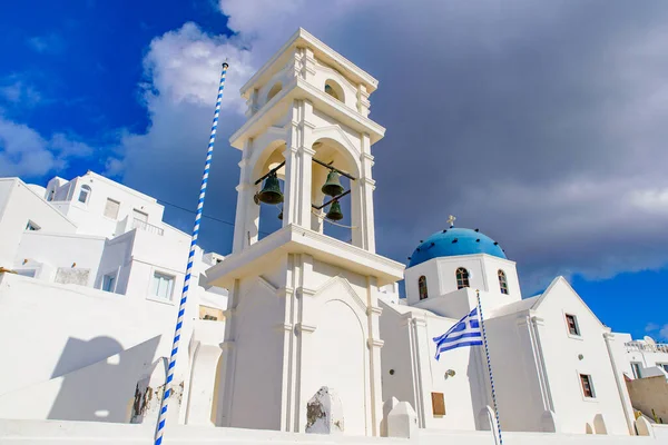 Blue Domed Church Bell Tower Imerovigli Village Santorini Greece — Stock Photo, Image