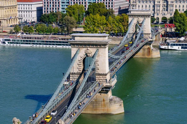 Вид Воздуха Сеченый Цепной Мост Через Дунай Соединяющий Буду Пешт — стоковое фото