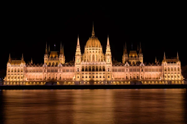 Magyar Parlament Éjszakai Látképe Duna Parti Épület Budapest Magyarország — Stock Fotó