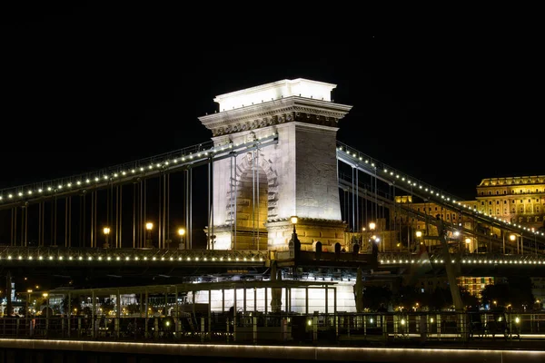 Night View Szechenyi Chain Bridge River Danube Connecting Buda Pest — Stock Photo, Image