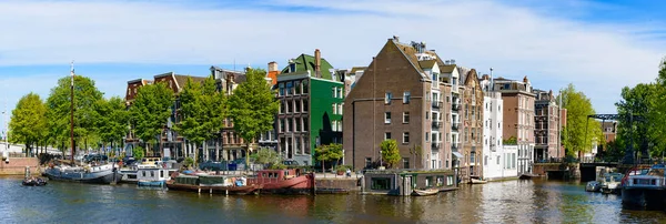 Panorama Della Vista Edifici Alberi Barche Lungo Canale Amsterdam Paesi — Foto Stock