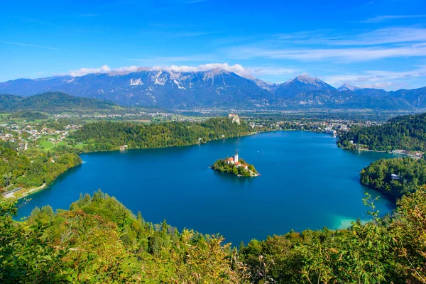 มมองทางอากาศของเกาะ Bled และทะเลสาบ Bled จาก Osojnica Hill สถานท องเท ยวท — ภาพถ่ายสต็อก