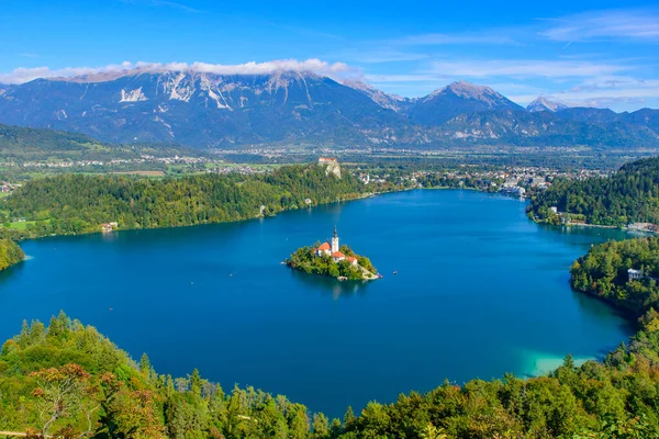 Aerial View Bled Island Lake Bled Osojnica Hill Popular Tourist — стокове фото