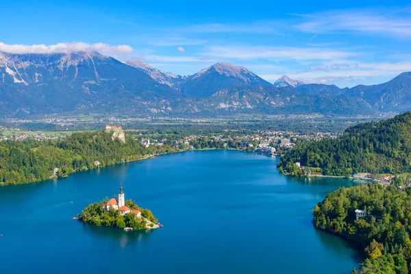 Aerial View Bled Island Lake Bled Osojnica Hill Popular Tourist — Stock Fotó
