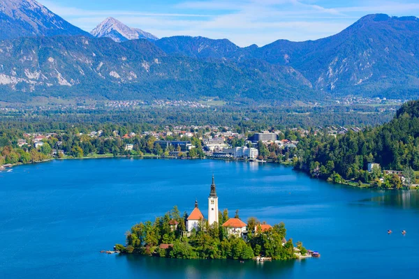 Aerial View Bled Island Lake Bled Osojnica Hill Popular Tourist — Stok fotoğraf