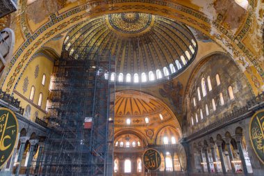 Interior of Hagia Sophia, former Orthodox cathedral and Ottoman imperial mosque, in Istanbul, Turkey