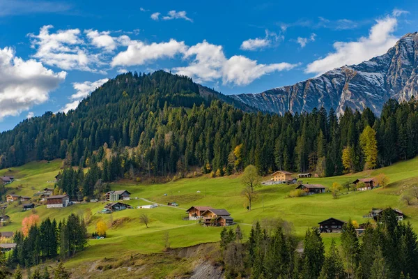 Traditional Swiss Style Houses Green Hills Forest Alps Area Switzerland — ストック写真