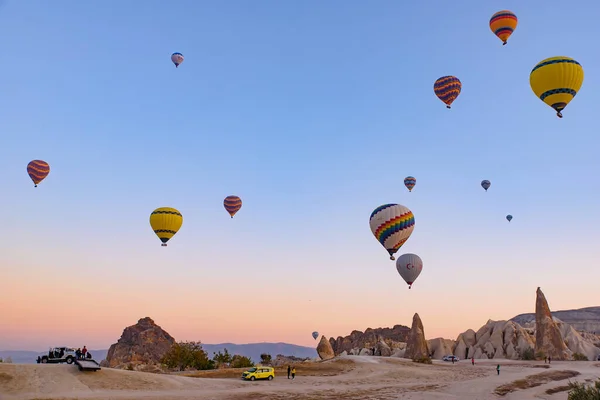 Flying Hot Air Balloons Rock Landscape Sunrise Time Goreme Cappadocia — стокове фото