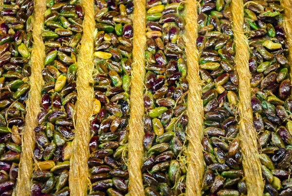 Sweet, juicy, honey, sugar Turkish baklava. Traditional Turkish dessert decorated with pistachios and walnuts. Eastern sweetness, which comes to iftar in holy month of Ramadan. ckground, copy space.