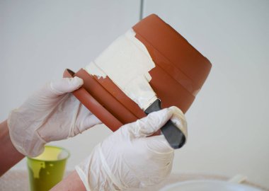 Beyaz eldivenli genç bir kadının elleri seramik bir bahçe kabını boyar. Bahçede çalışmak, çiçek açan sardunyalar, yeşil yapraklar ve sulu etlerin arka planına karşı çömlek dikim.