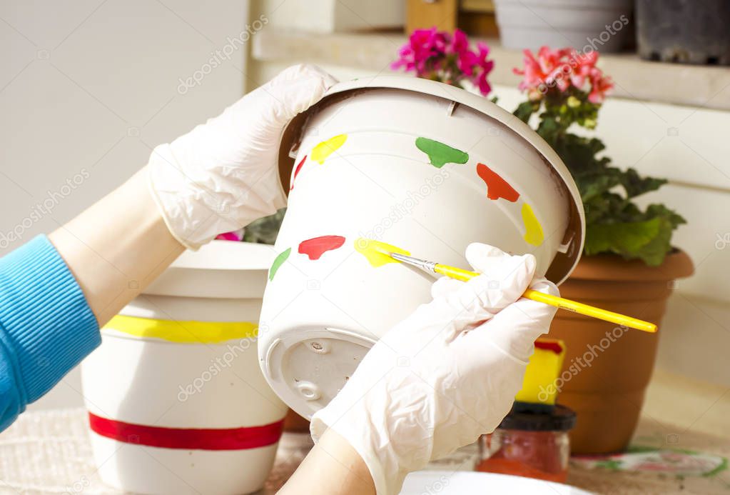 Hands of a young woman in white gloves paint a ceramic garden pot. Work in garden, planting pots against the backdrop of blooming geraniums, green leaves and succulents.