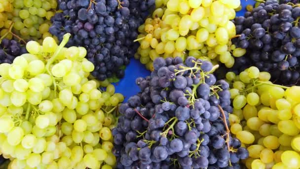 Grappes fraîches vives et juteuses de raisins sombres et clairs sur le comptoir du magasin, bazar — Video