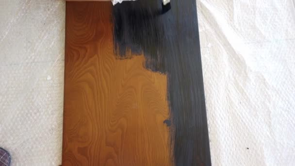 Młoda kobieta maluje brązową drewnianą deskę czarną pędzlem. Zbliżenie. — Wideo stockowe