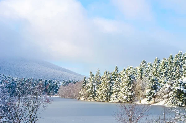 Прекрасный Зимний Пейзаж Голубое Небо Темные Светлые Облака Ледяное Озеро — стоковое фото